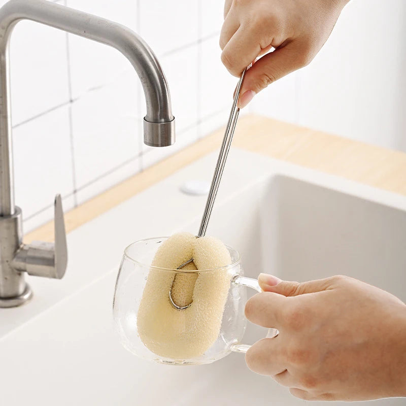 Kitchen Accessories Glass Cup Cleaning Sponge Brush Stainless Steel Handle Replaceable Thermos Mug Baby Bottle Wash Cup Brush
