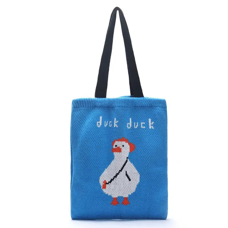 YoReAi Women Knitting Shoulder Bags Cute Duck Ladies Cartoons Handbag Casual Tote Literary BookBag Wool Shopping Bag For Girls