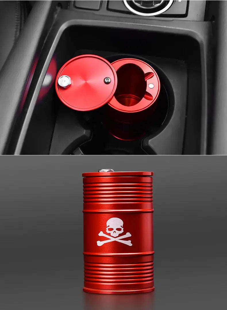 Creative Oil Drum Shape Skull Car Ashtray Alloy With Lid Rotating Holder Cigarette Smoke Remover Cup Interior Accessories