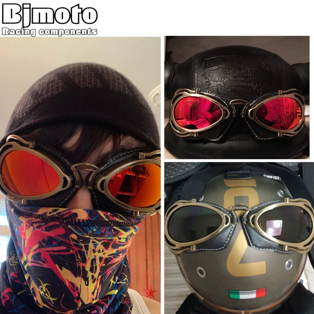 BJMOTO Motorcycle Helmet Steampunk Glasses Flying Goggles Vintage Pilot Biker Eyewear Goggle