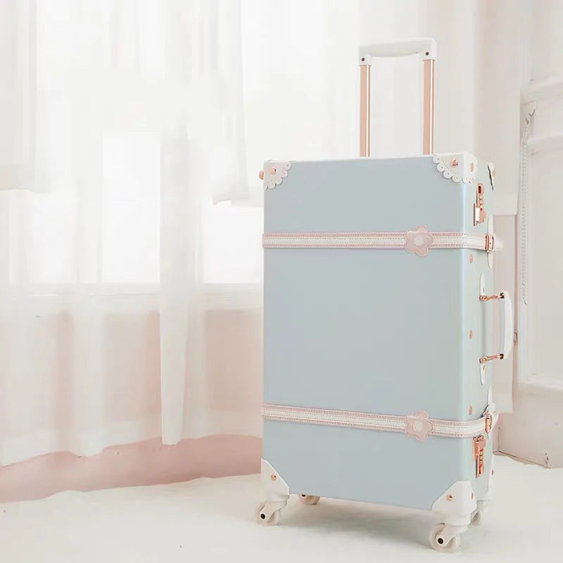 Vintage Luxury Travel Suitcase Set with Handbag PU Leather Trolley Luggage Valise Women Cute Rolling Luggage 20/22/24/26 Inch