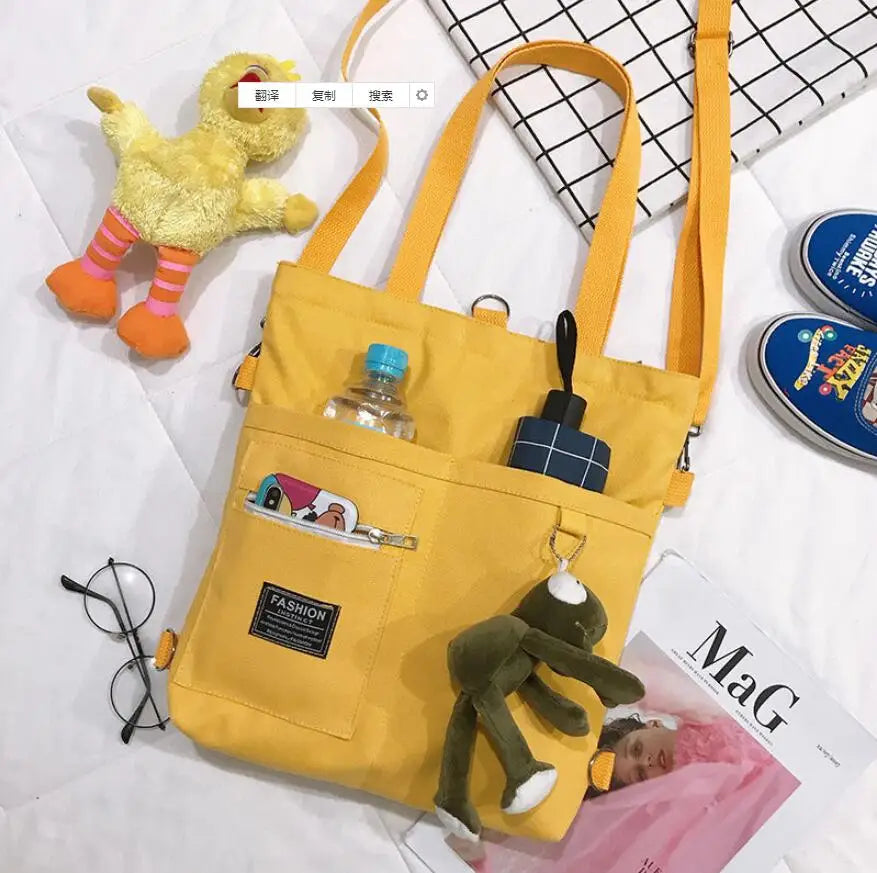 Canvas Women Handbag Shoulder Bags Large Capacity Simple Folding Handbags Tote Shopping Bag with Frog Pendant Book Bags for Girl