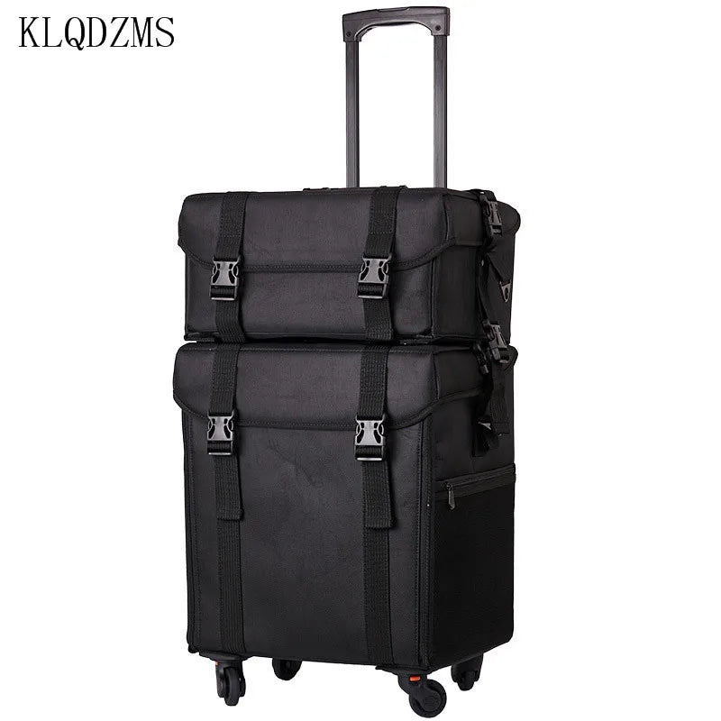 KLQDZMS Professional Cosmetic Case Female Oxford Cloth Beauty Manicure Toolkit Large Capacity Trolley With Wheel Luggage Bag