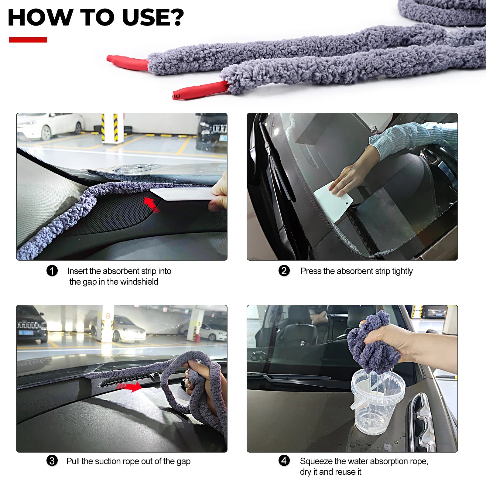 FOSHIO 300CM Car Wash Water Absorbed Drying Rope Soft Fiber Detailing Brush Auto Front Rear Windshield Glass Cleaning Cord Tool