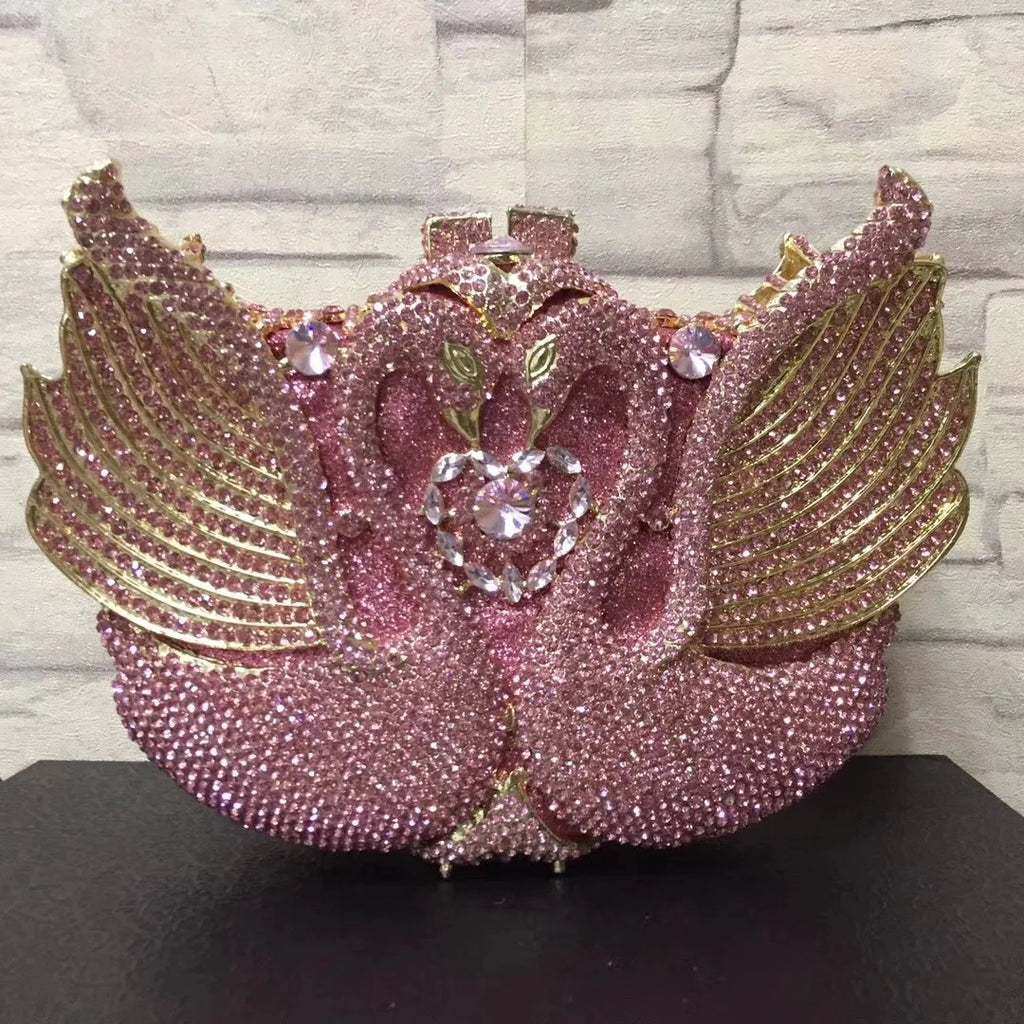 Rhinestone Evening Bag Purses  Purple/Gold  Gold Metal Bag WHTUOHENG Female Diamond Swan Shape Prom Party Purses Phone Clutch