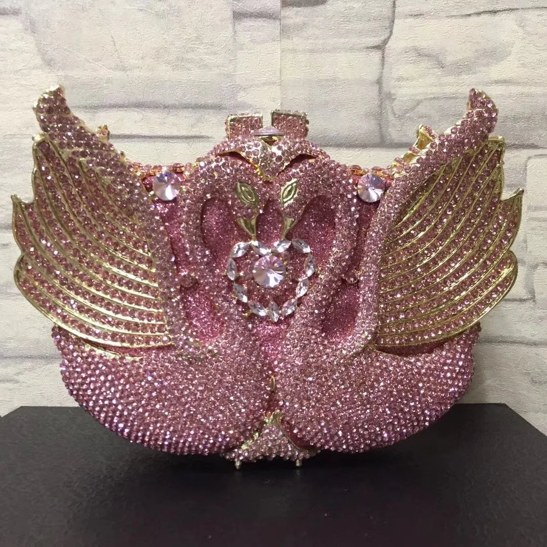 Rhinestone Evening Bag Purses  Purple/Gold  Gold Metal Bag WHTUOHENG Female Diamond Swan Shape Prom Party Purses Phone Clutch