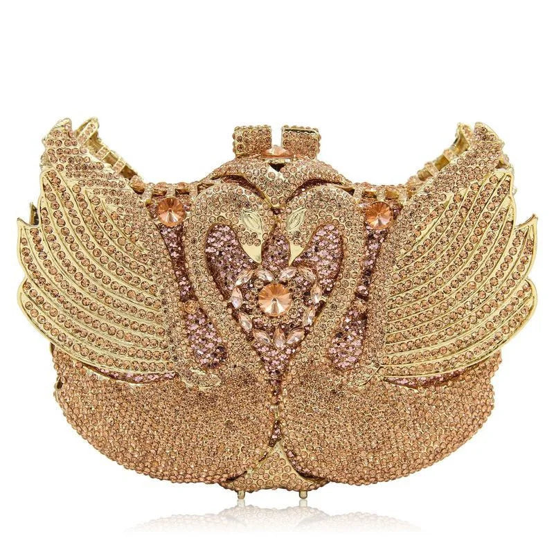 Rhinestone Evening Bag Purses  Purple/Gold  Gold Metal Bag WHTUOHENG Female Diamond Swan Shape Prom Party Purses Phone Clutch