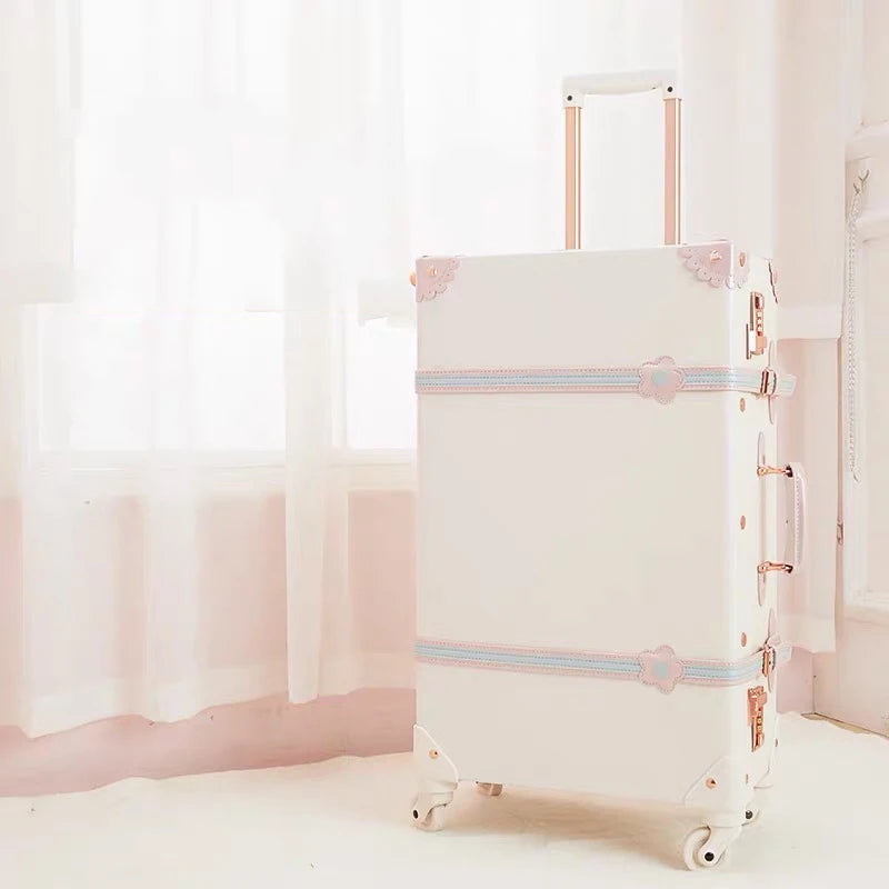 Vintage Luxury Travel Suitcase Set with Handbag PU Leather Trolley Luggage Valise Women Cute Rolling Luggage 20/22/24/26 Inch