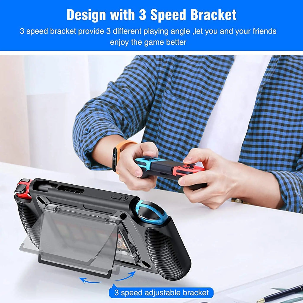 Protective Case for Nintendo Switch Grip Shell with 7 Storage Slots Multi-Angle Adjustable Stand, Handle Cover Shock-Absorption