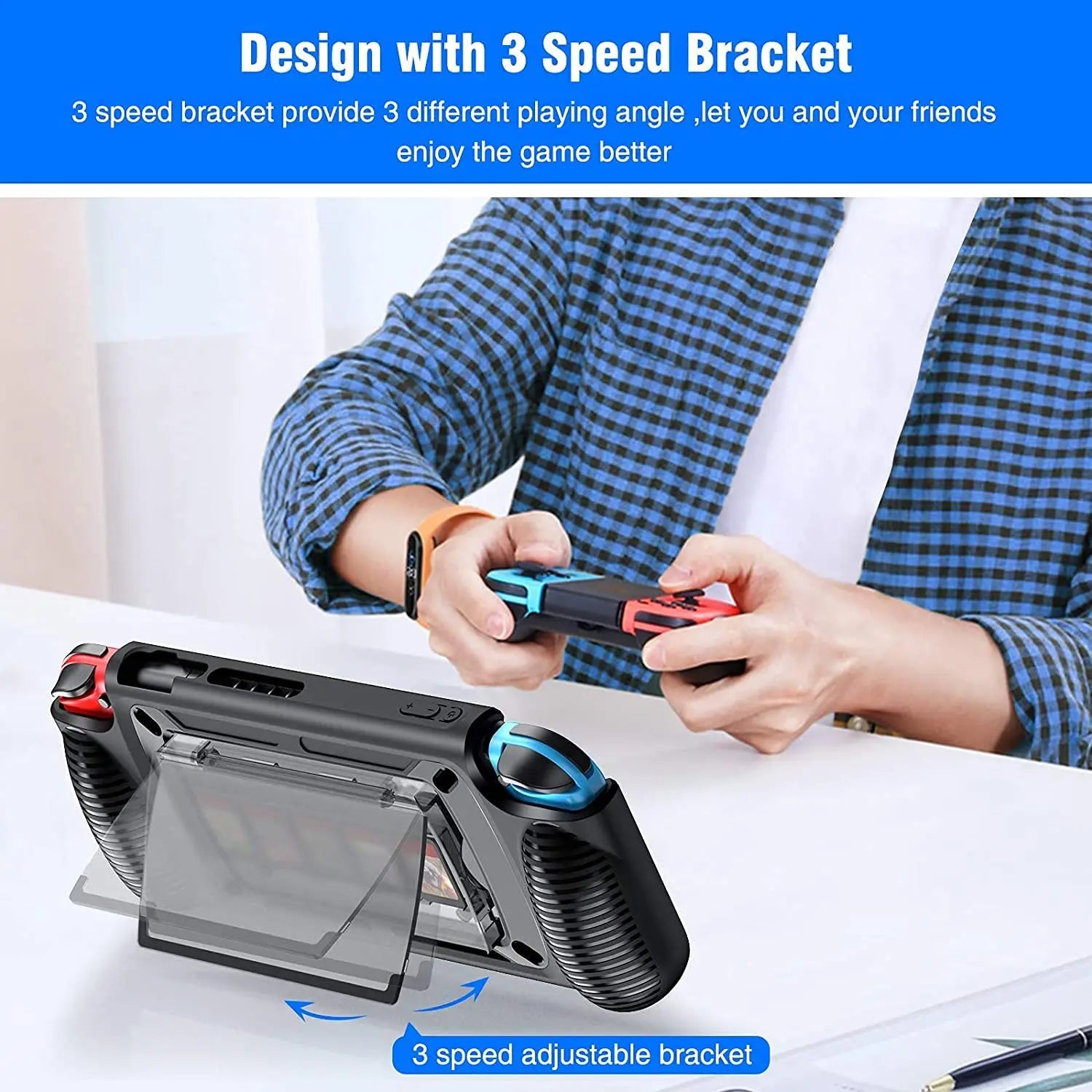 Protective Case for Nintendo Switch Grip Shell with 7 Storage Slots Multi-Angle Adjustable Stand, Handle Cover Shock-Absorption