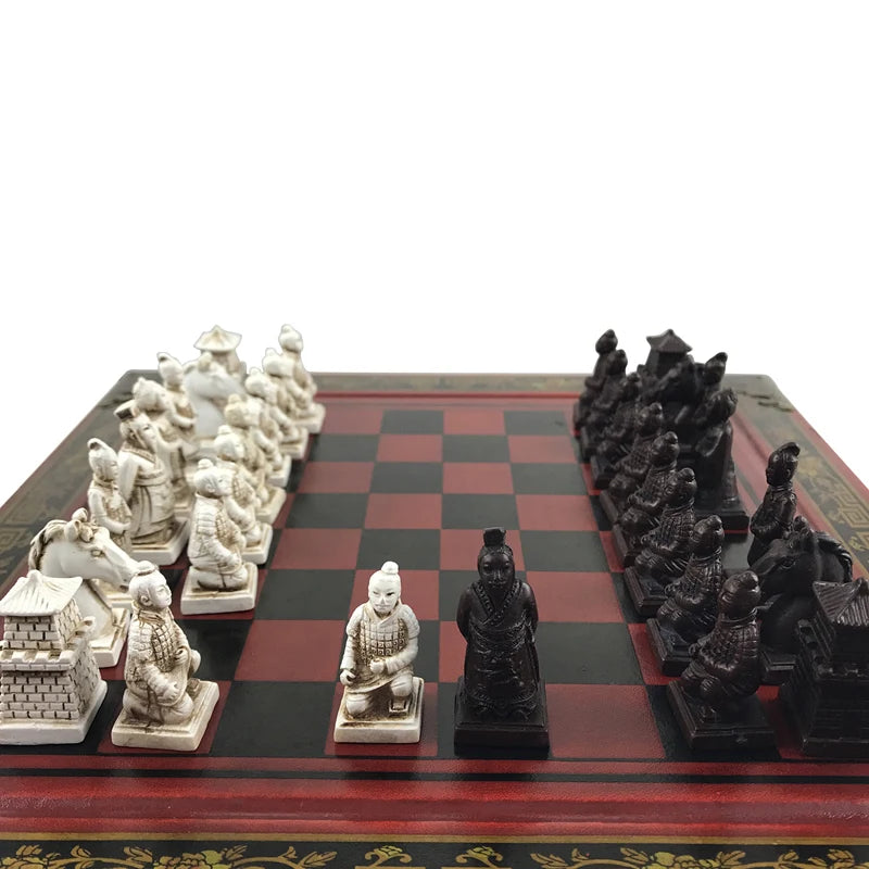 Retro Collection Chess 26cm/10.24inch Terracotta Warriors Chess Wood Carving Resin Chessman Birthday Various holiday gifts