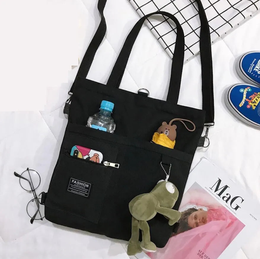 Canvas Women Handbag Shoulder Bags Large Capacity Simple Folding Handbags Tote Shopping Bag with Frog Pendant Book Bags for Girl