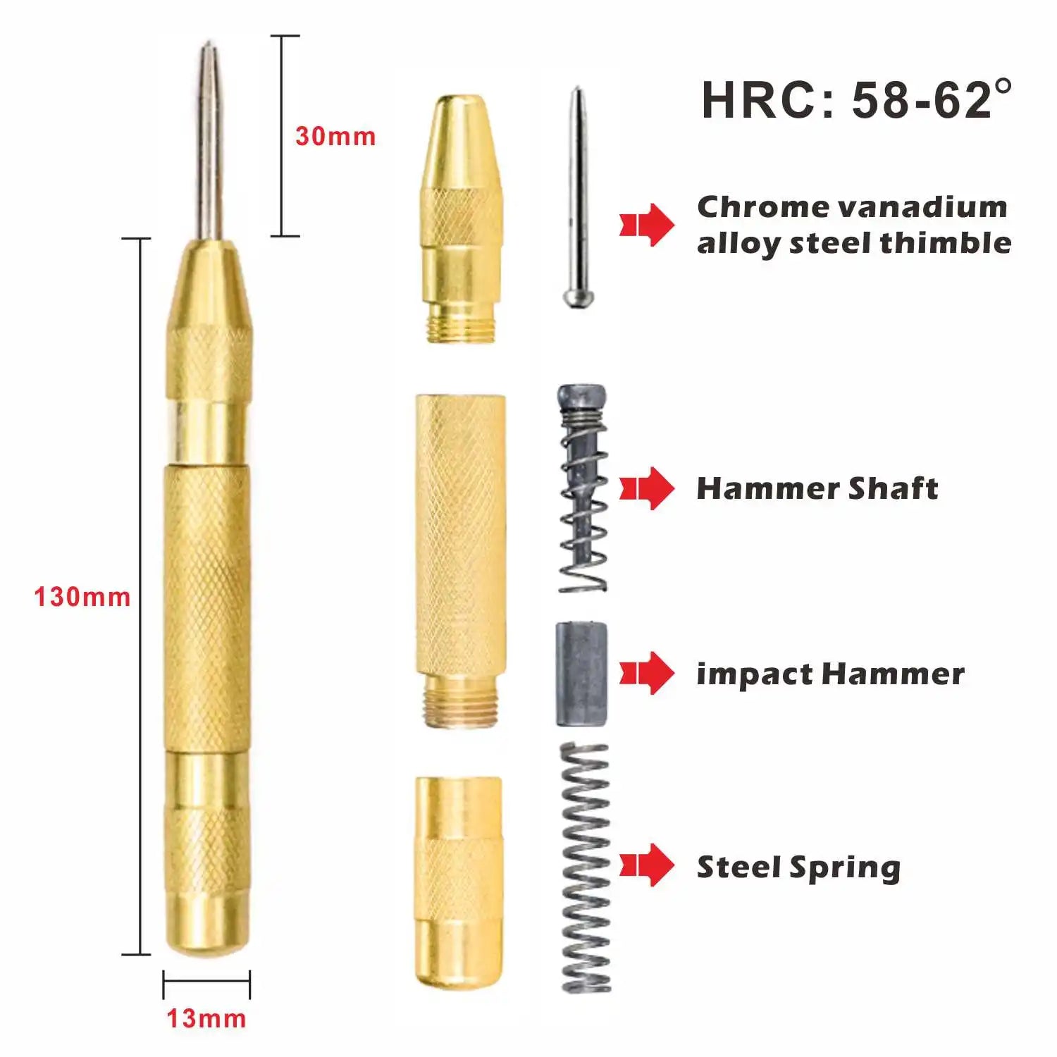 Automatic Spring Loaded Center Punch-HSS Marking Tool for Starting Holes in Wood & Metal, Precise Dent Marker