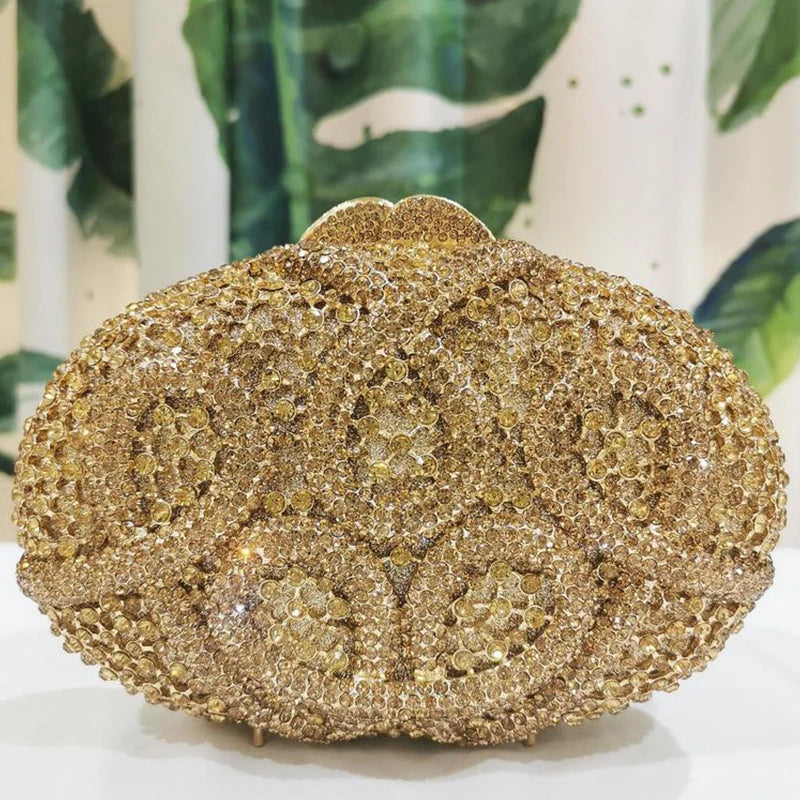 WHTUOHENG Oval Shape Fuchsia Diamond Floral Evening Clutch Women Pink/Purple Rhinestones Flower Girls Party Wedding CrystalPurse