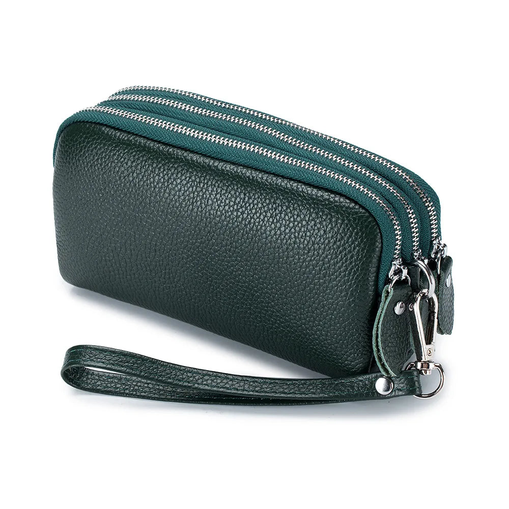 Genuine Leather Women Long Wallet 3-Layer Zipper Clutch Purse Bag 2023 New Large Capacity Wristlet Wallet Phone Bag Money Pocket