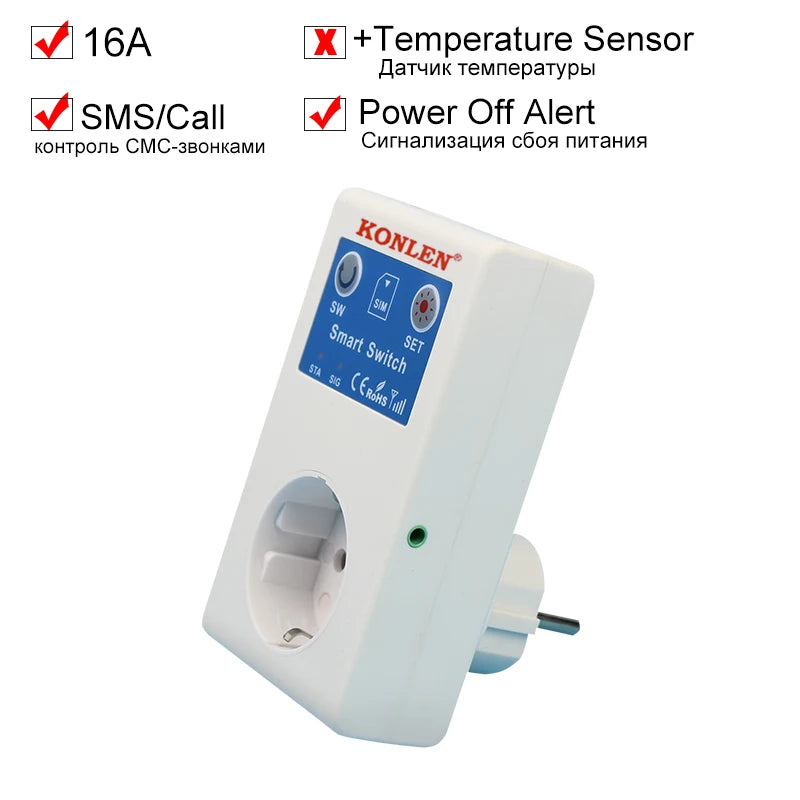 16A GSM SMS Smart Power Socket Outlet Temperature Sensor Controller Plug Intelligent Relay Switch Home Automation Remote Control