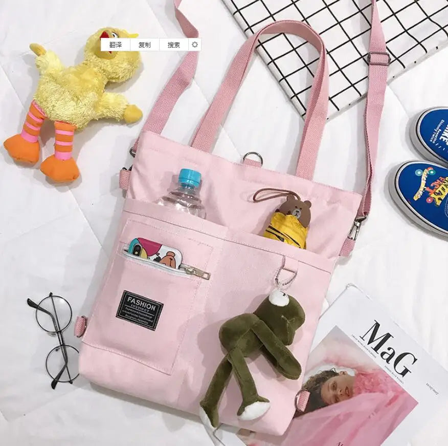 Canvas Women Handbag Shoulder Bags Large Capacity Simple Folding Handbags Tote Shopping Bag with Frog Pendant Book Bags for Girl