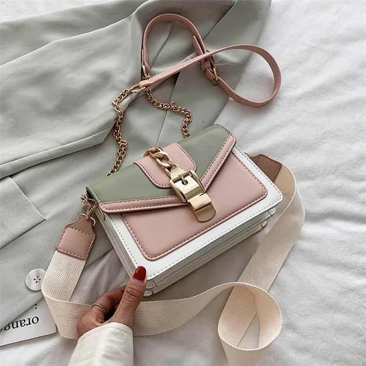 Fashion chain lady Sling bag Panelled color PU Leather Crossbody Bag For Women 2023 new Wide strap Shoulder Messenger Bag Ladies
