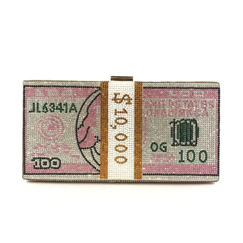 Luxury Money Clutch Rhinestone Purse 10000 Dollars Stack of Cash Evening Handbags Shoulder Wedding Dinner Bag 8 Color Wallet