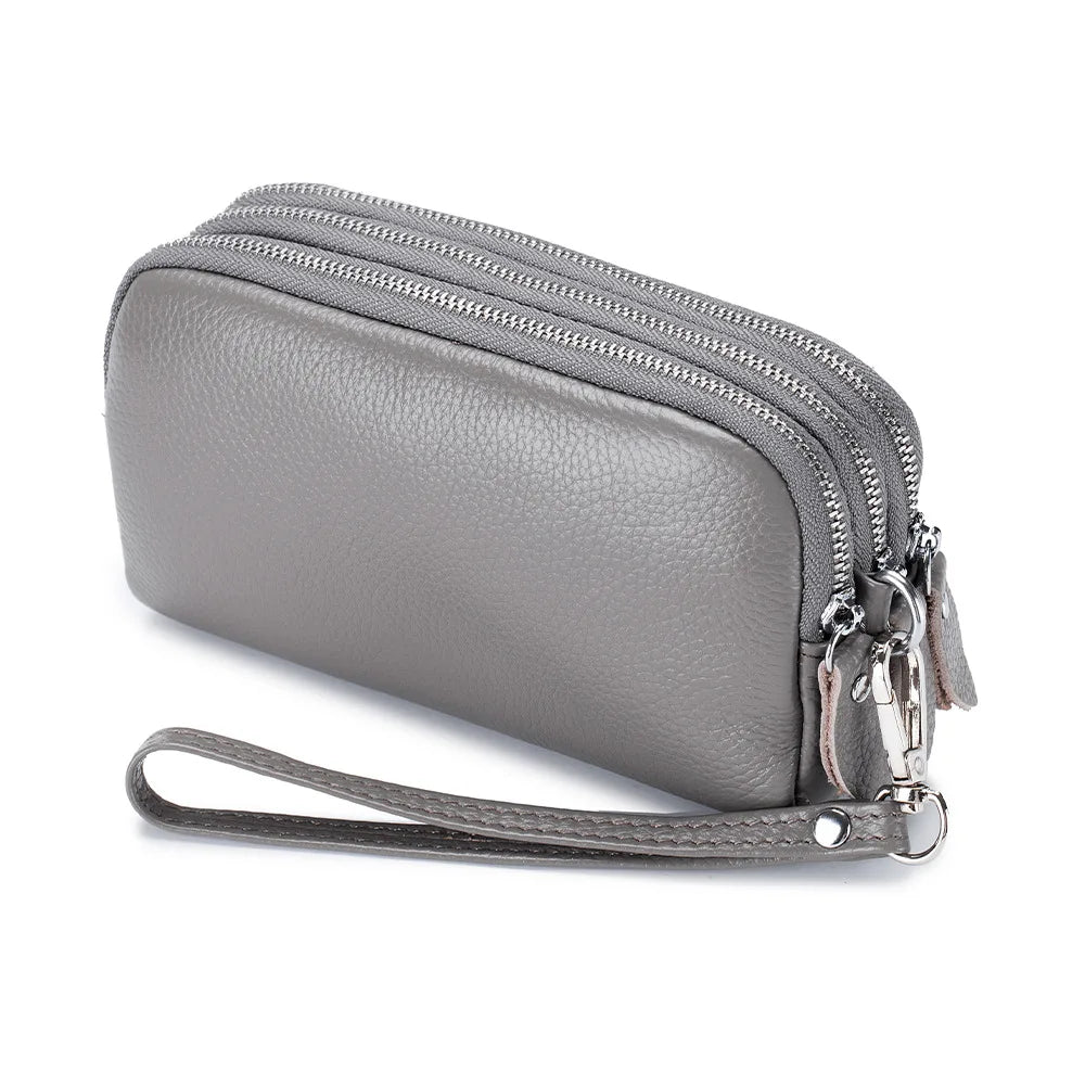 Genuine Leather Women Long Wallet 3-Layer Zipper Clutch Purse Bag 2023 New Large Capacity Wristlet Wallet Phone Bag Money Pocket
