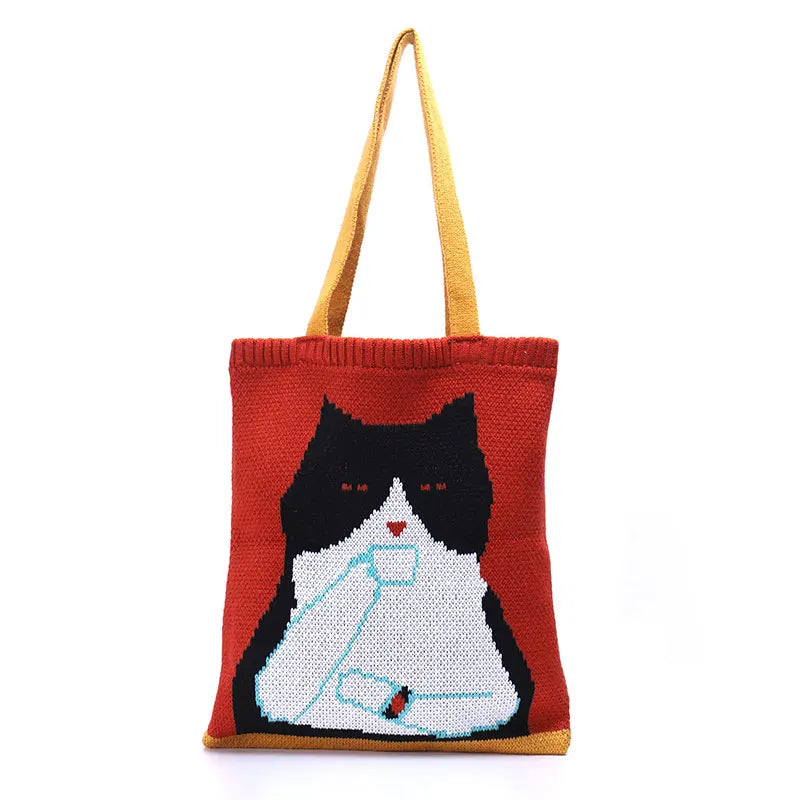 YoReAi Women Knitting Shoulder Bags Cute Duck Ladies Cartoons Handbag Casual Tote Literary BookBag Wool Shopping Bag For Girls