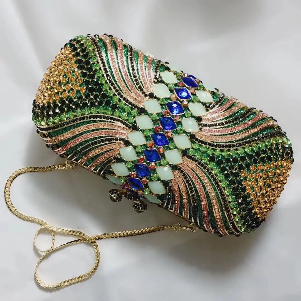 Hollow Out Green Rhinestone Crystal Evening Party Bags Gold Metal Clutch Female Wedding Purses Diamond Handbags Money Clutches