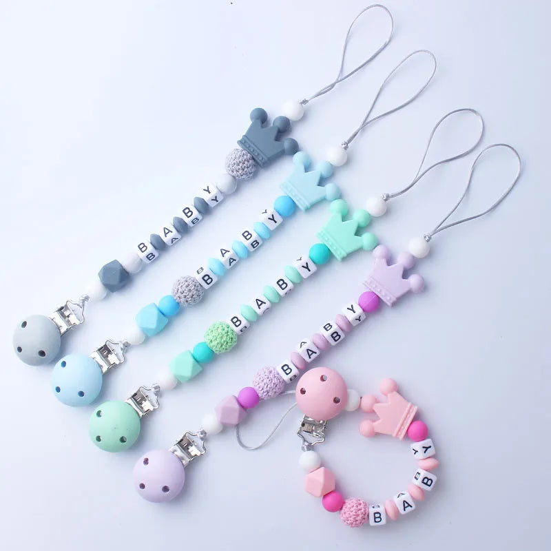 Custom Free personalized Name baby pacifier holder chain Handmade silicone crown safe teether Newborn Chew Gift