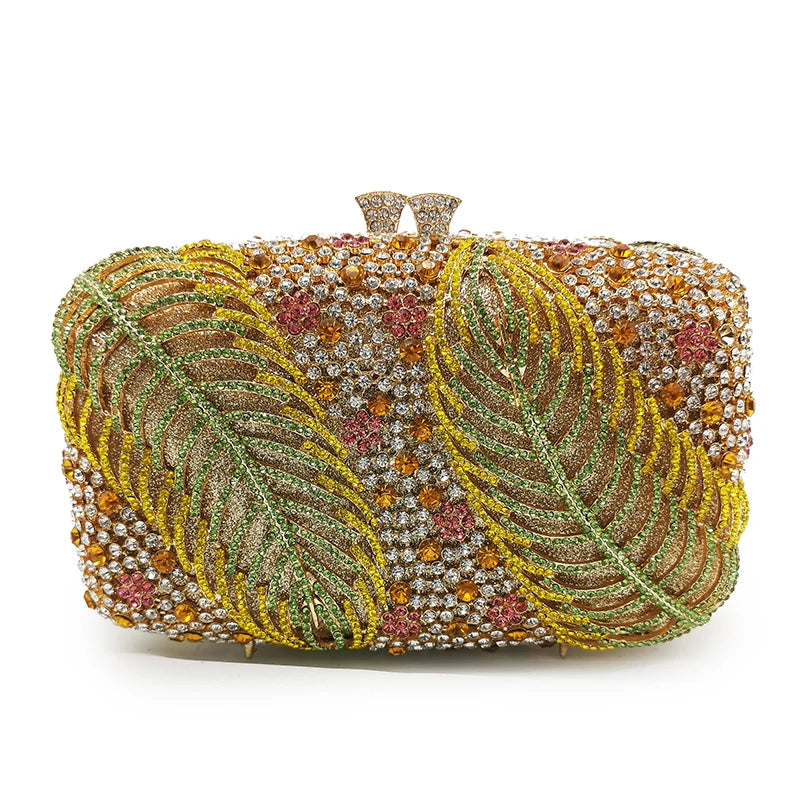 Silver Evening Clutches Diamond Wedding Purses WHTUOHENG Crystal Purses Rhinestone Clutch  Bags Leaves Women Party Handbags