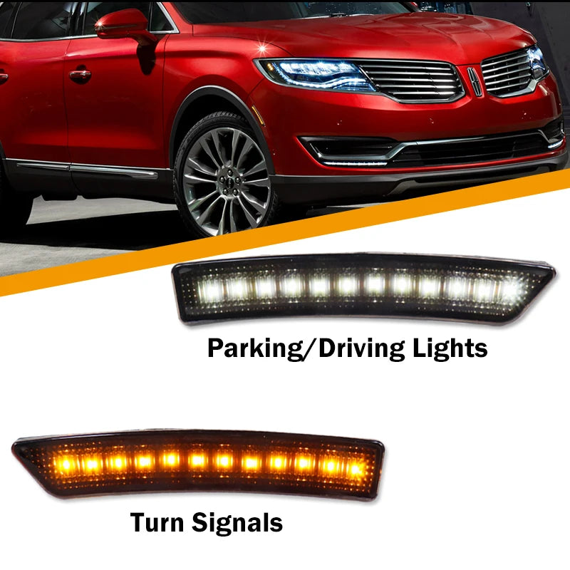 Dynamic Amber LED Front Side Marker Turn Signal Lights & White DRL/Driving Lights For Lincoln MKX 2016-2018 & Nautilus 2019-2022