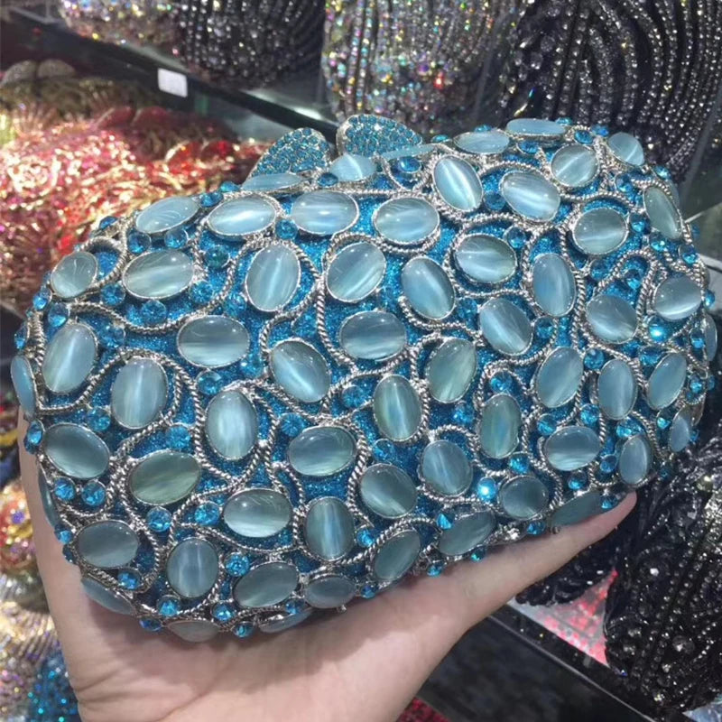 Large Stone Blue Evening Bags Diamond Silver Metal Bridesmaid Purses  Crystal Handbags Luxury Women Rhinestone  Money Wallets