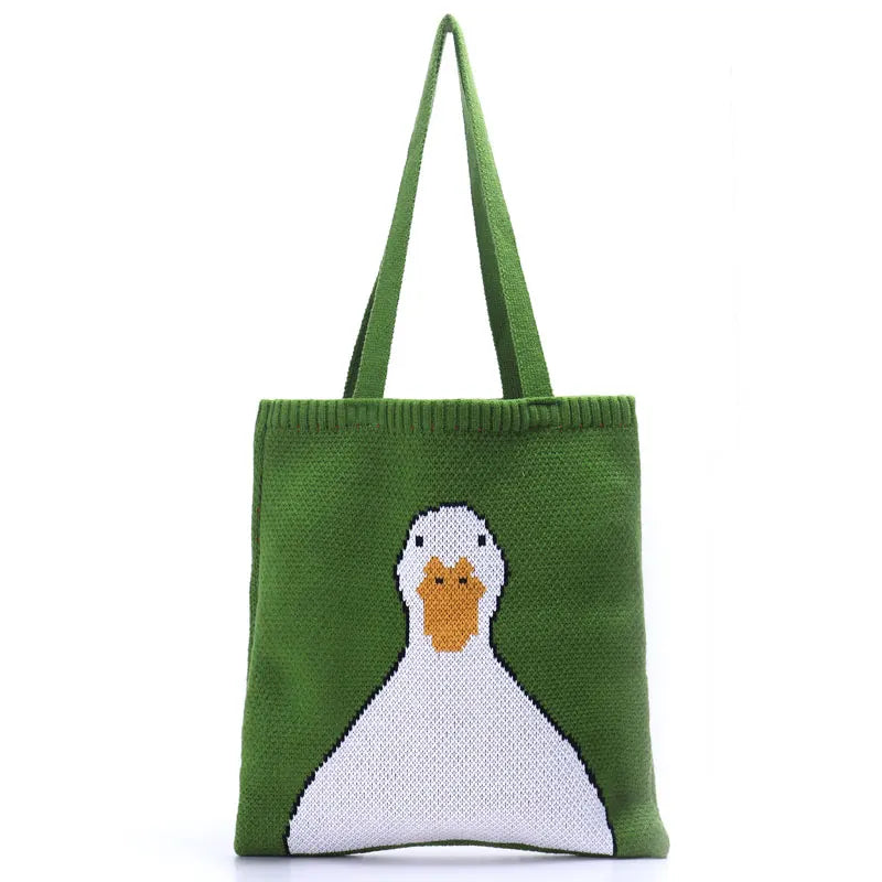YoReAi Women Knitting Shoulder Bags Cute Duck Ladies Cartoons Handbag Casual Tote Literary BookBag Wool Shopping Bag For Girls