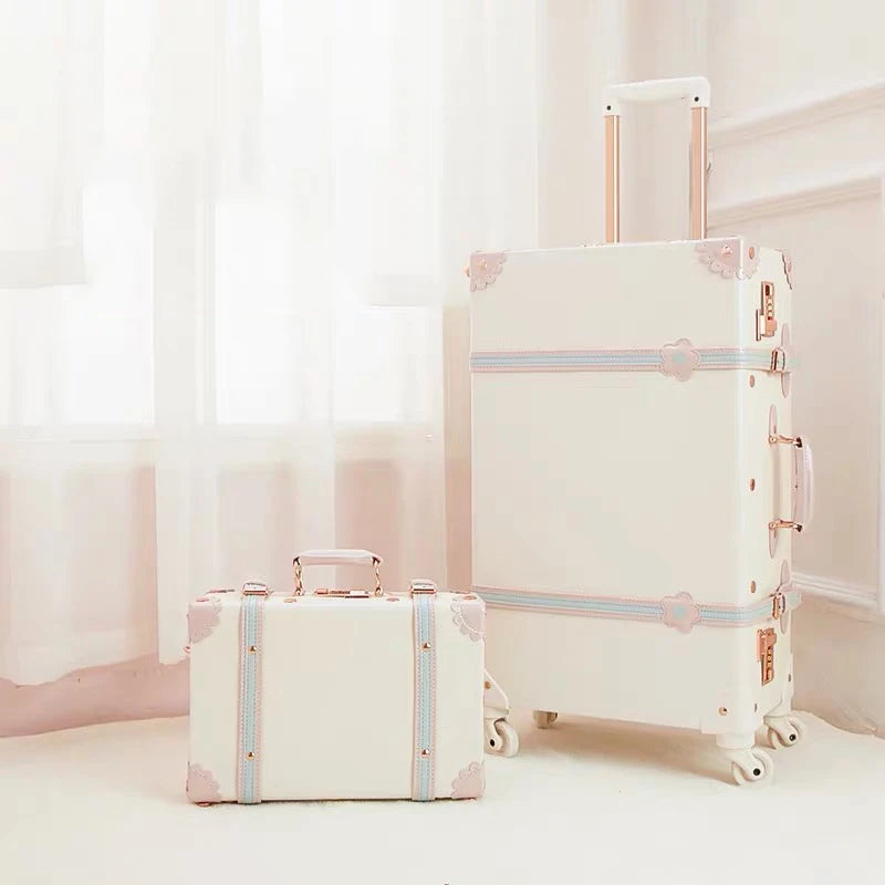 Vintage Luxury Travel Suitcase Set with Handbag PU Leather Trolley Luggage Valise Women Cute Rolling Luggage 20/22/24/26 Inch