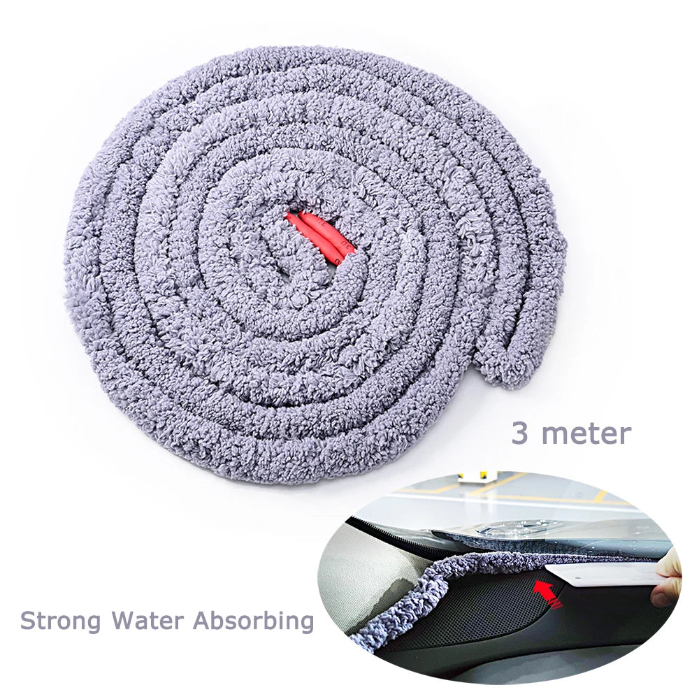 FOSHIO 300CM Car Wash Water Absorbed Drying Rope Soft Fiber Detailing Brush Auto Front Rear Windshield Glass Cleaning Cord Tool