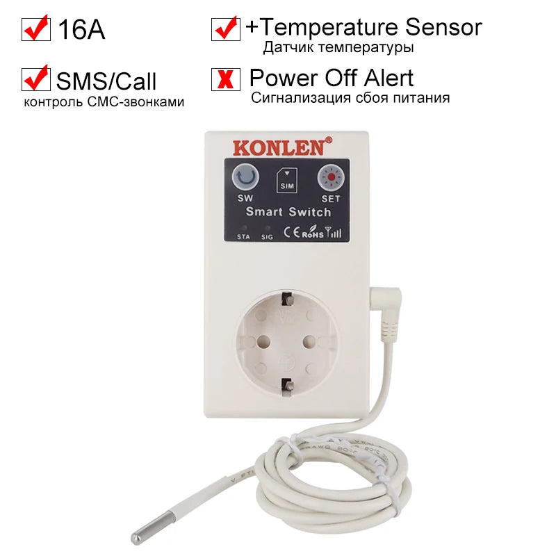 16A GSM SMS Smart Power Socket Outlet Temperature Sensor Controller Plug Intelligent Relay Switch Home Automation Remote Control