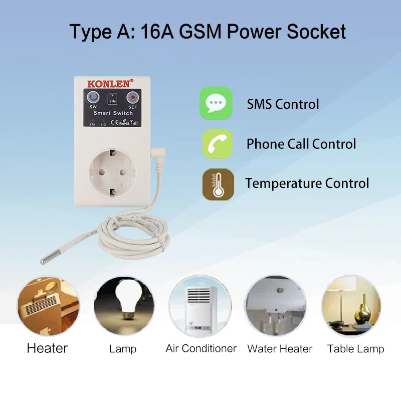 16A GSM SMS Smart Power Socket Outlet Temperature Sensor Controller Plug Intelligent Relay Switch Home Automation Remote Control
