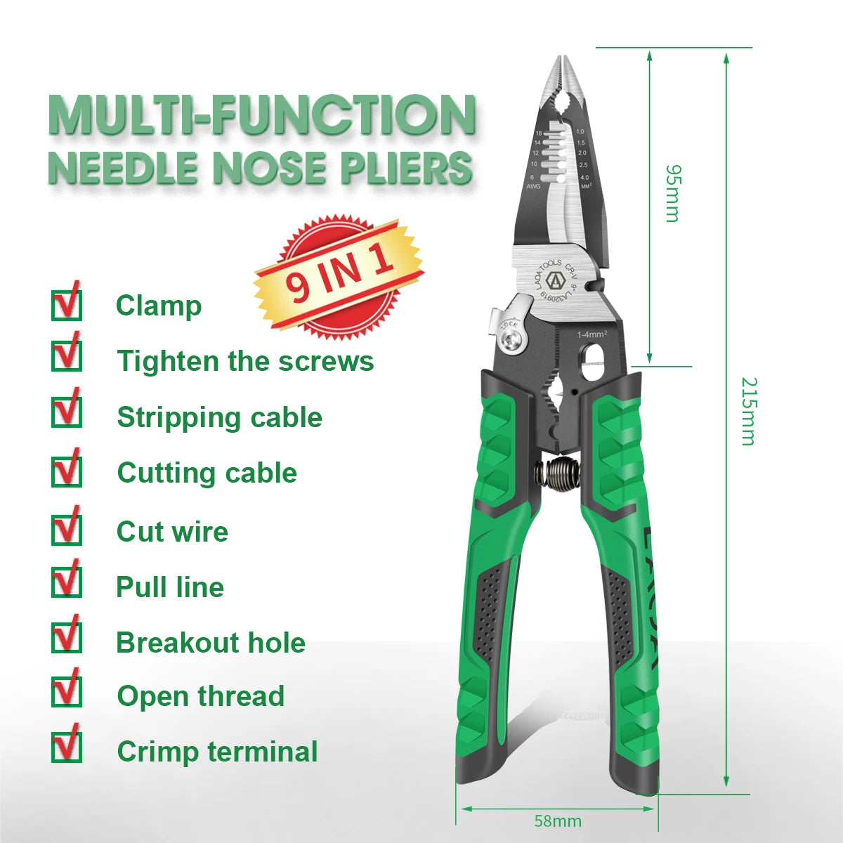 LAOA 9 in 1 Electrician Pliers Multifunctional Needle Nose Pliers for Wire Stripping Cable Cutters Terminal Crimping Hand Tools