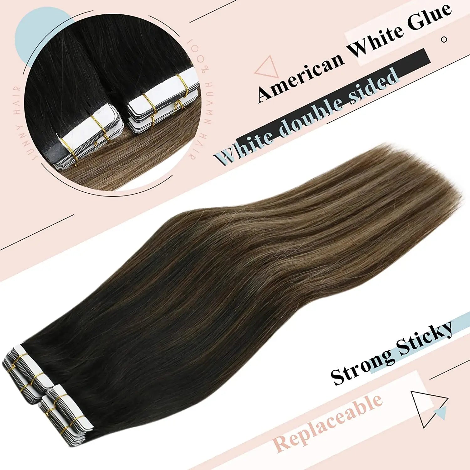 VeSunny Tape in Hair Extensions Human Hair Seamless Skin Weft Hair Extensions Double Sided Balayage Hair Color Adhesive Silky