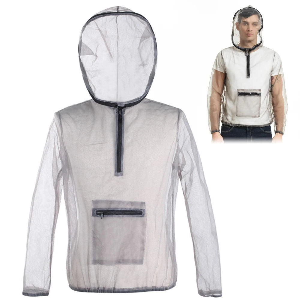 Outdoor Ultralight Mesh Hooded Jacket Anti-mosquito See Through Protective Mesh Shirt Insect Shield for Camping Hiking Fishing