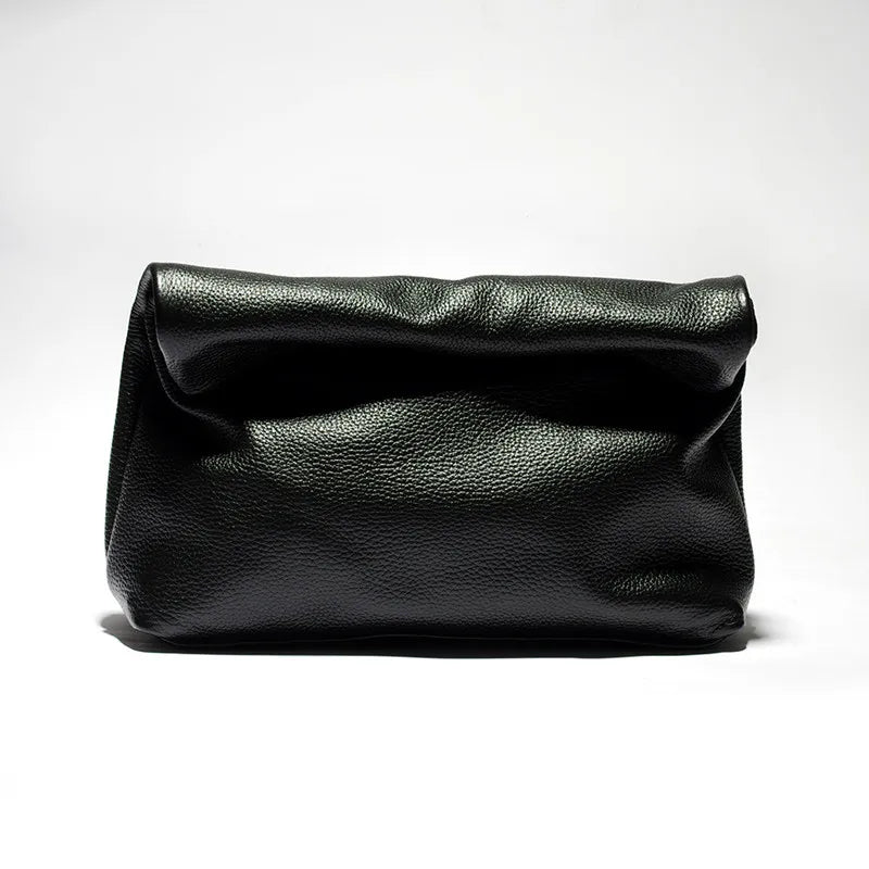Black Leather Bag Personality Lazy Casual Clutch Bag Leather Bag Soft Bag Phone Women High Quality Laptop Bag Genuine Leather