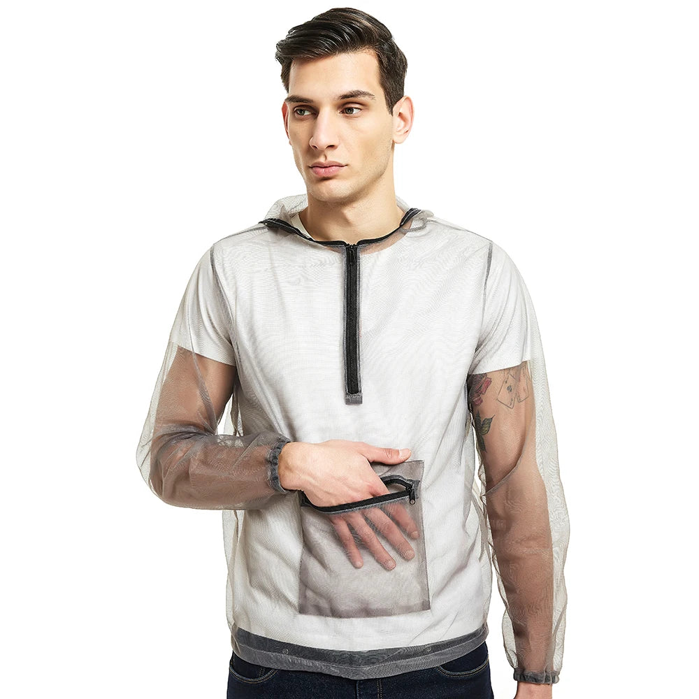 Outdoor Ultralight Mesh Hooded Jacket Anti-mosquito See Through Protective Mesh Shirt Insect Shield for Camping Hiking Fishing
