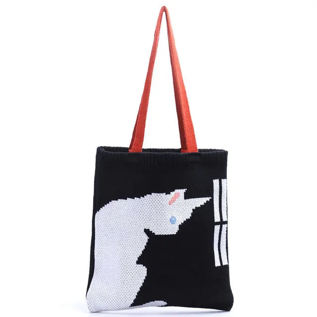 YoReAi Women Knitting Shoulder Bags Cute Duck Ladies Cartoons Handbag Casual Tote Literary BookBag Wool Shopping Bag For Girls