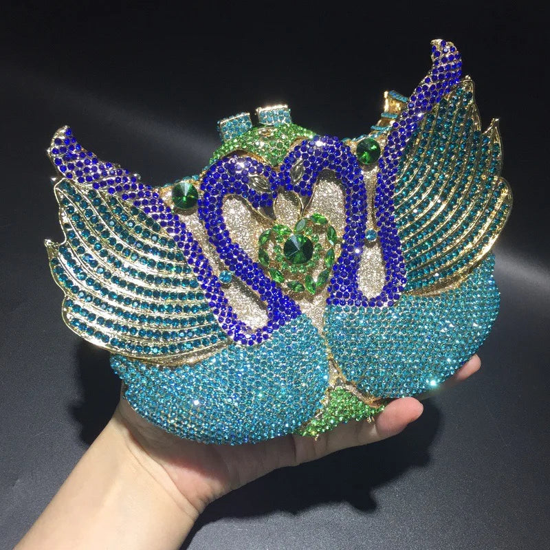Rhinestone Evening Bag Purses  Purple/Gold  Gold Metal Bag WHTUOHENG Female Diamond Swan Shape Prom Party Purses Phone Clutch