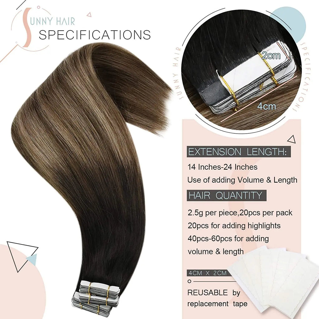 VeSunny Tape in Hair Extensions Human Hair Seamless Skin Weft Hair Extensions Double Sided Balayage Hair Color Adhesive Silky