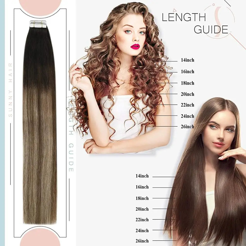 VeSunny Tape in Hair Extensions Human Hair Seamless Skin Weft Hair Extensions Double Sided Balayage Hair Color Adhesive Silky