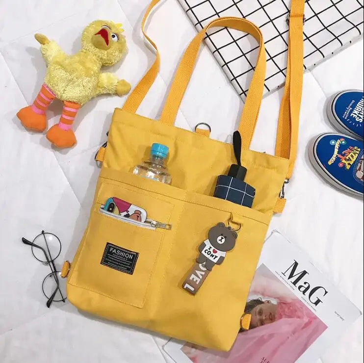 Canvas Women Handbag Shoulder Bags Large Capacity Simple Folding Handbags Tote Shopping Bag with Frog Pendant Book Bags for Girl