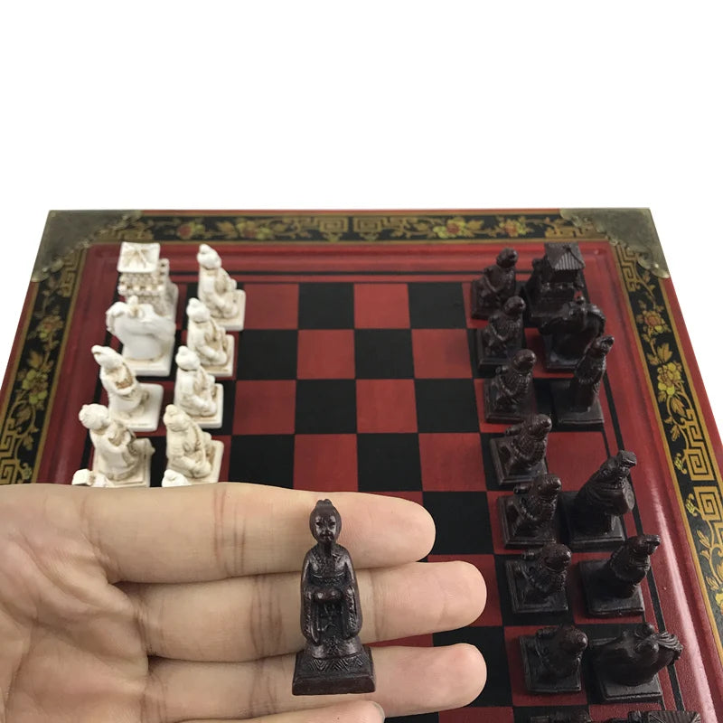 Retro Collection Chess 26cm/10.24inch Terracotta Warriors Chess Wood Carving Resin Chessman Birthday Various holiday gifts