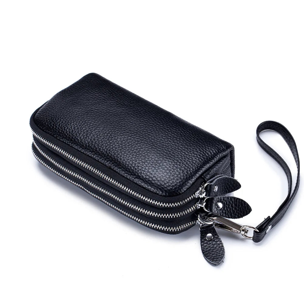 Genuine Leather Women Long Wallet 3-Layer Zipper Clutch Purse Bag 2023 New Large Capacity Wristlet Wallet Phone Bag Money Pocket
