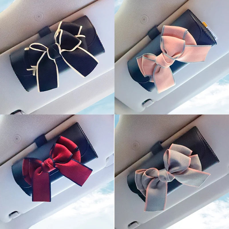 Cute Bowknot Car Glasses Box Universal Leather Sunglasses Case Storage Holder Bag Sunshade Organizer Auto Interior Accessories