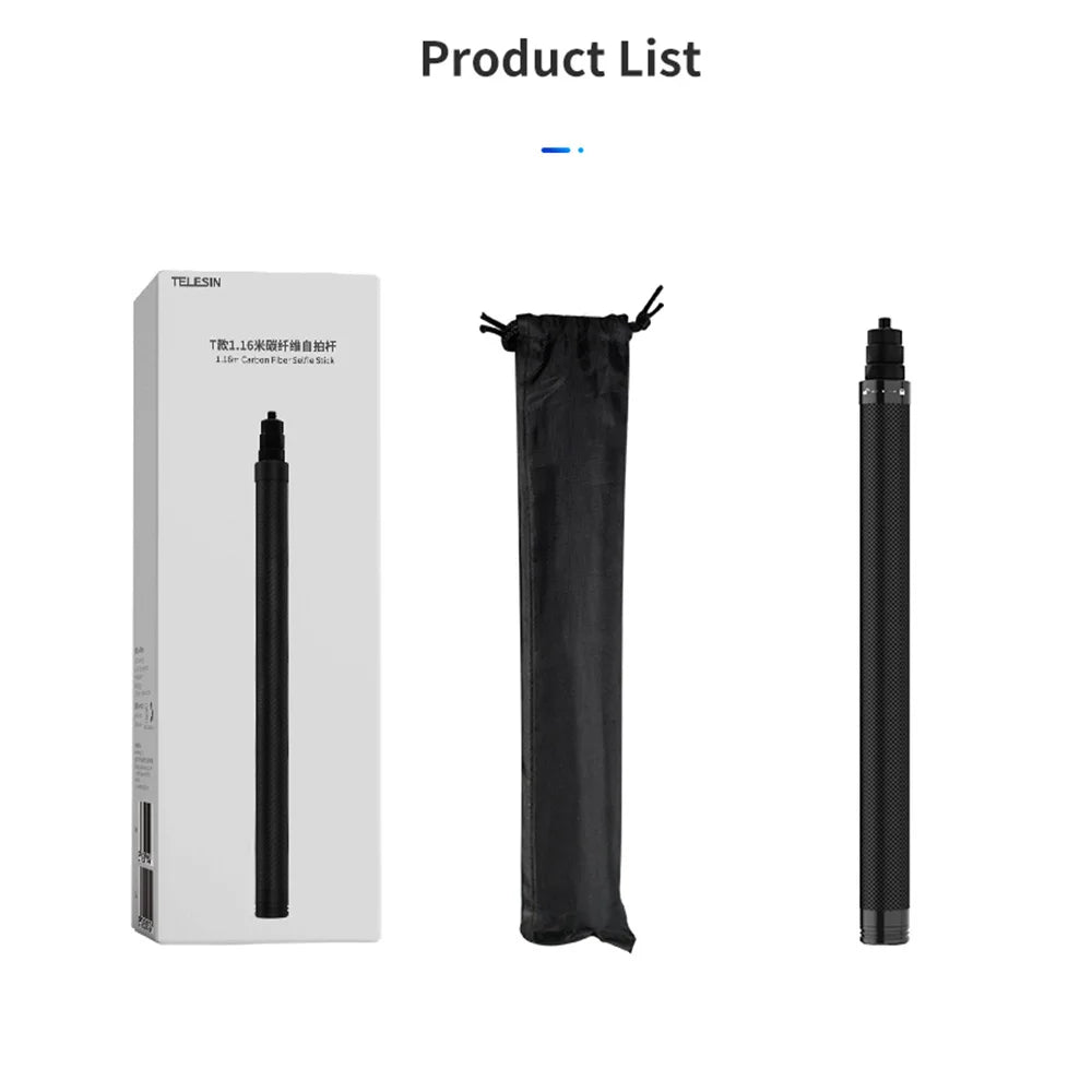 TELESIN 116cm Carbon Fiber Monopod Selfie Stick Extendable With 1/4 Screw For GoPro Hero Insta360 Osmo Action Camera