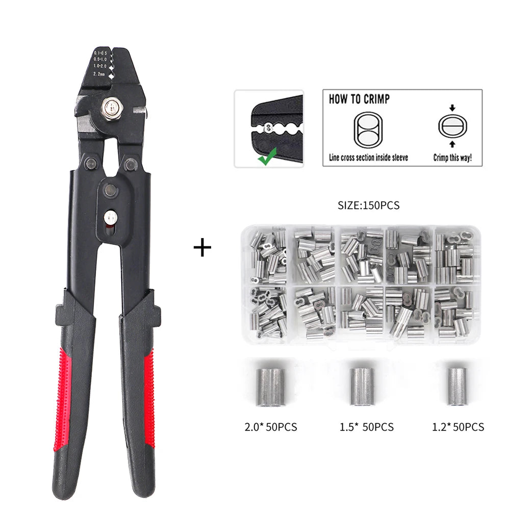 Wire Rope Crimping Tool Fishing Crimping Tool With 150Pcs 1.2/1.5/2mm Aluminum Double Barrel Ferrule Crimping Loop Sleeve Kit